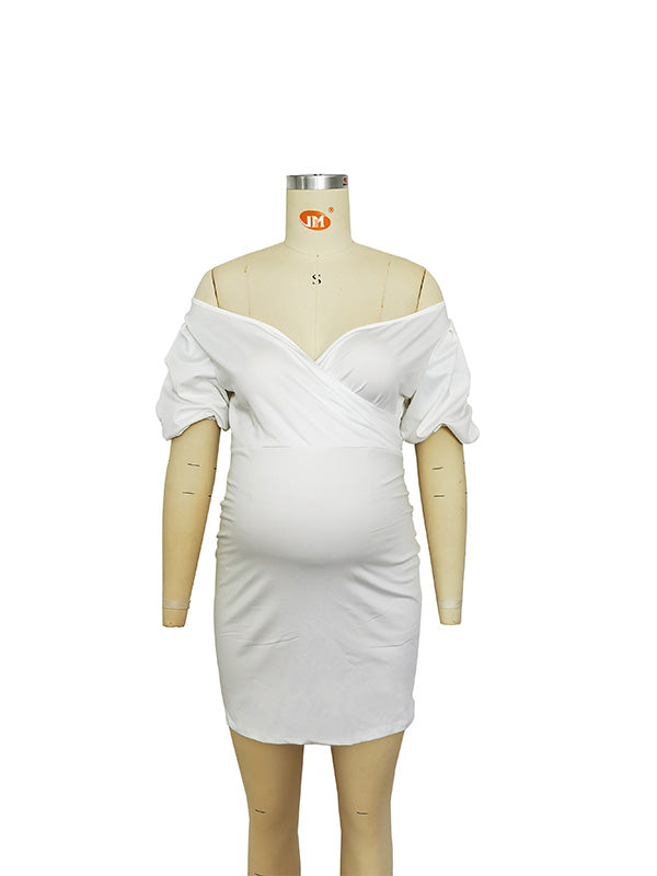 Blanco Hombros Descubiertos Espalda Descubierta Cuello En V Manga Farol Ajustado Elegante Vestidos Para Baby Shower