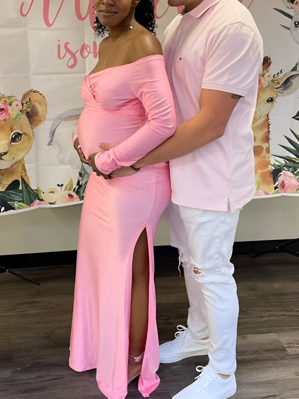 Rosa Sin Hombros Manga Larga Abertura Ajustado Fiesta De Bienvenida Al Bebé Bata Embarazo Maxivestido Premamá