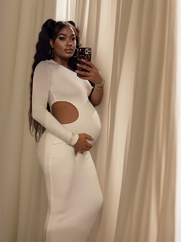Un Hombro Recorte Irregular Ajustado Manga Larga Moda Baby Shower Maternidad Vestido Largo
