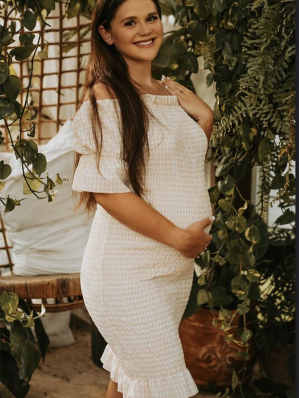 Volantes Hombros Descubiertos Manga Larga Ajustado Vestidos Para Baby Shower