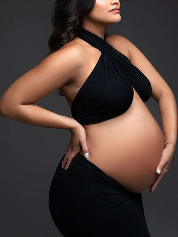 Negro Recorte Ranuras Laterales Altas Escote Halter Fotografía Maternidad Vestido Largo