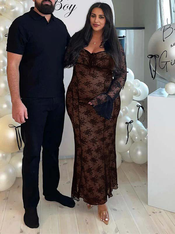 Vestido Largo De Maternidad Con Lazo De Encaje, Mangas Acampanadas Y Encaje Para Baby Shower