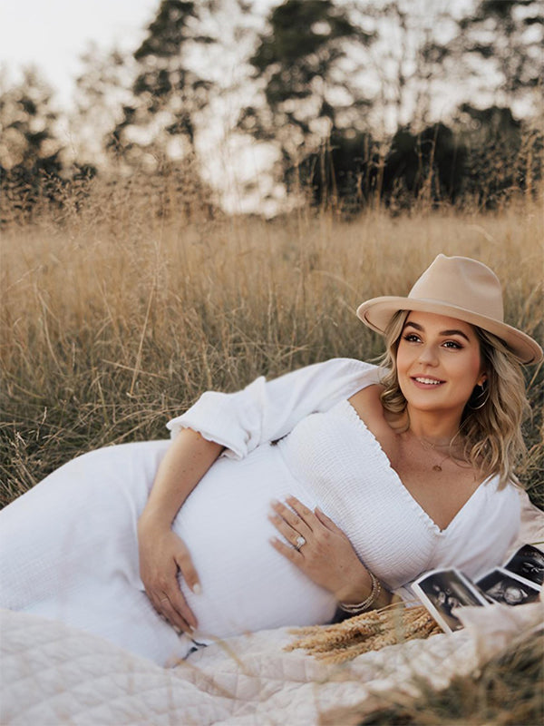 Blanco Volantes Acanalado Cintura Alta Manga Globo Bonito Vestidos De Foto De Maternidad