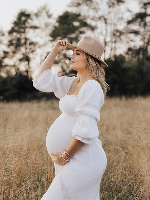 Blanco Volantes Acanalado Cintura Alta Manga Globo Bonito Vestidos De Foto De Maternidad