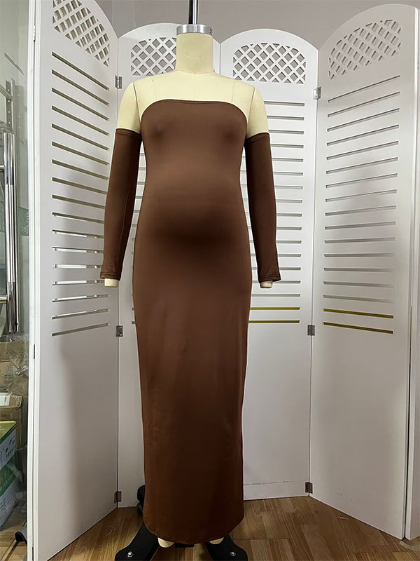 Marrón Sin Hombros Manga Larga Ajustado Elegante Para Baby Shower Fotografía Maternidad Vestido Largo