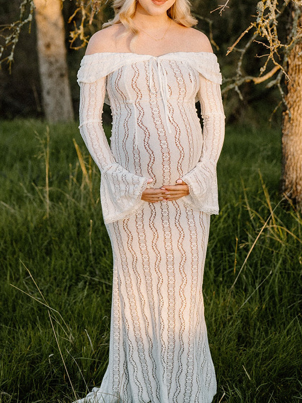 Vestido Largo De Maternidad Tipo Sirena Con Encaje Sin Hombros Para Sesión De Fotos