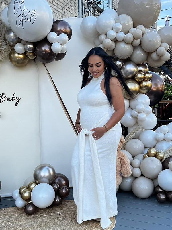 Vestido Chic Ajustado con Cuello Alto, Envolvente y Drapeado en Acanalado para Baby Shower