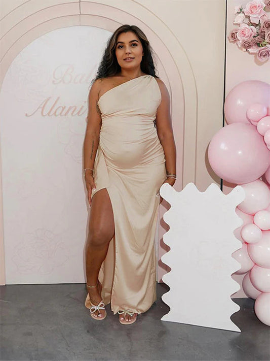 Champán Un Hombro Espalda Descubierta Raso Abertura Lateral Para Baby Shower Maternidad Vestido Largo