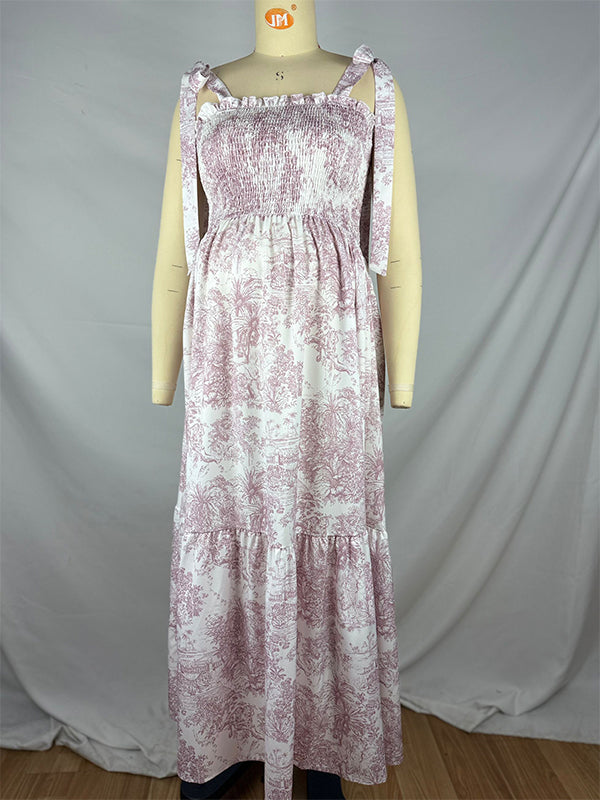 Vestido Maxi de Maternidad en Estampado Floral con Lazo Estilo Bohemio para Sesión de Fotos y Baby Shower