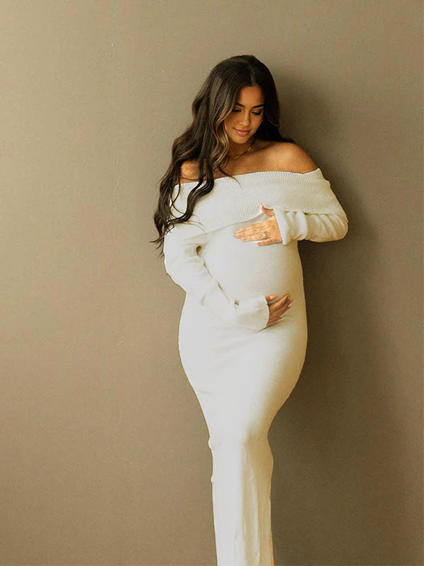 Sin Hombros Punto Bodycon Sirena Salir Baby Shower Maternidad Jersey Maxi Vestido
