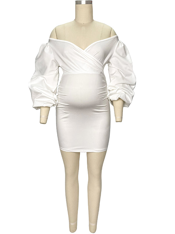 Blanco Hombros Descubiertos Espalda Descubierta Cuello En V Manga Farol Ajustado Elegante Vestidos Para Baby Shower