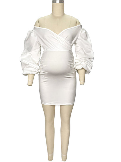 Blanco Hombros Descubiertos Espalda Descubierta Cuello En V Manga Farol Ajustado Elegante Vestidos Para Baby Shower