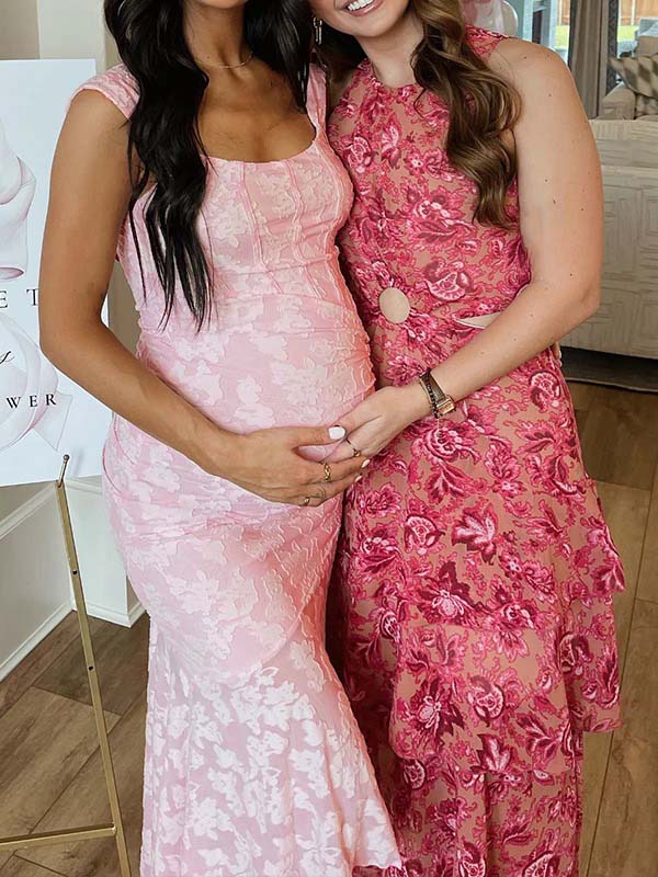 Rosa Encaje Acanalado Corsé Alto-bajo Depósito Sirena Para Baby Shower Maternidad Vestido Largo
