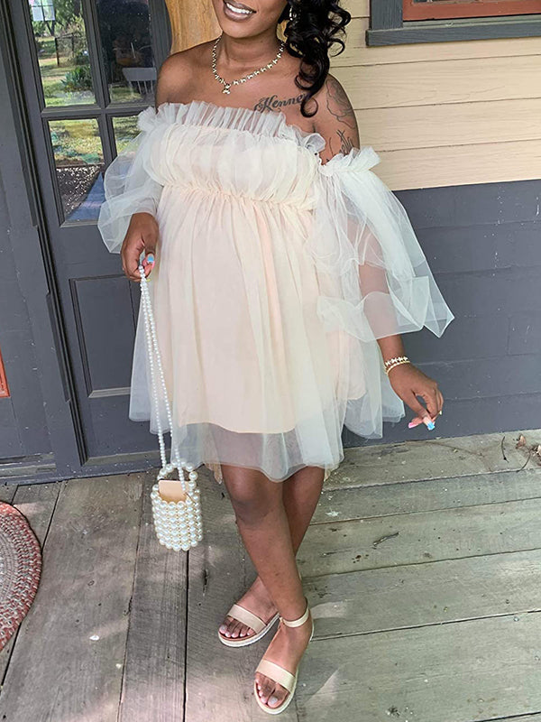 Vestido Mini de Malla para Baby Shower de Tulle con Hombros Descubiertos para Maternidad