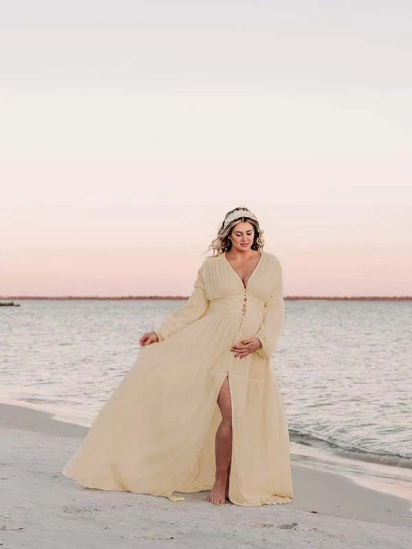 Vestido Maxi Maternidad Boho Elegante Botones Simples Abierto Para Fotos