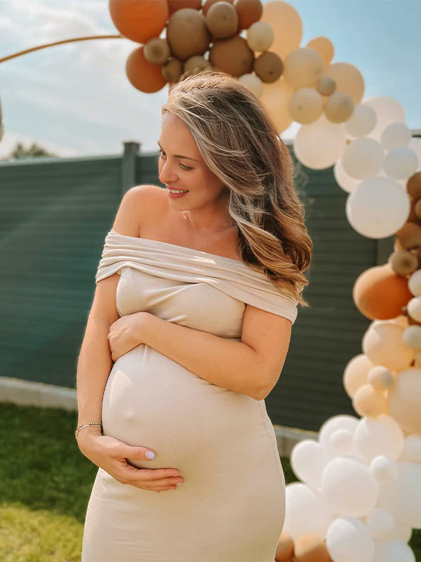 Vestido Largo Para Baby Shower Maternidad con Sin Hombros y Trasera Ajustado Elegante