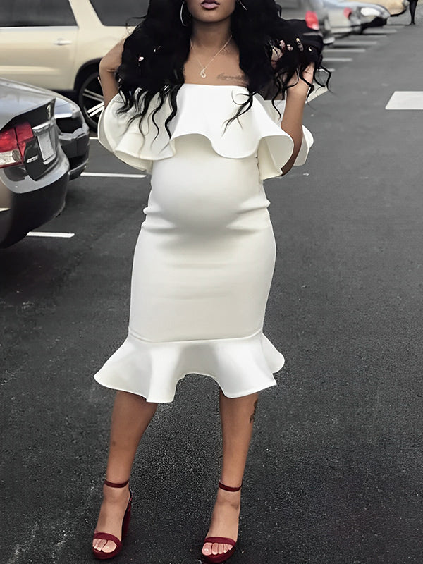 Vestido Maxi de Maternidad Elegante con Volantes y Hombros Descubiertos, Tipo Sirena para Baby Shower