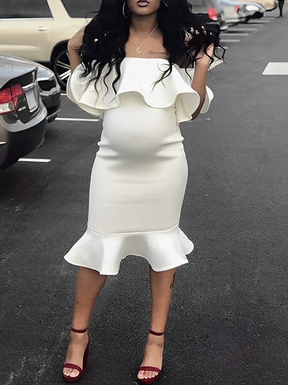 Vestido Maxi de Maternidad Elegante con Volantes y Hombros Descubiertos, Tipo Sirena para Baby Shower