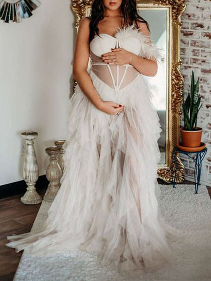 Escote palabra de honor Hombros descubiertos Pluma Tul Elegante Vestido Largo De Foto De Maternidad