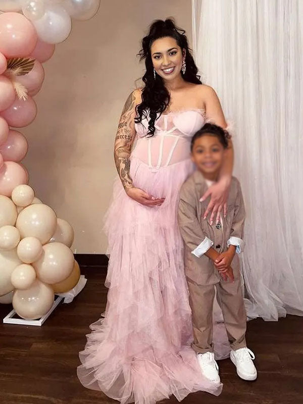 Escote palabra de honor Hombros descubiertos Pluma Tul Elegante Vestido Largo De Foto De Maternidad