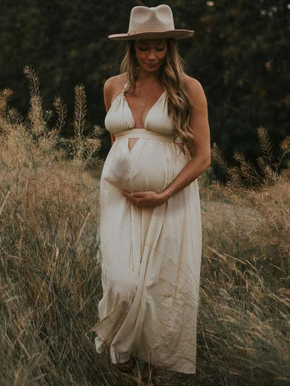 Albaricoque Calado Cuello En V Abertura Espalda Descubierta Borla Escote Halter Vestidos Largo De Foto De Maternidad