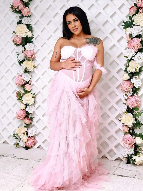 Escote palabra de honor Hombros descubiertos Pluma Tul Elegante Vestido Largo De Foto De Maternidad