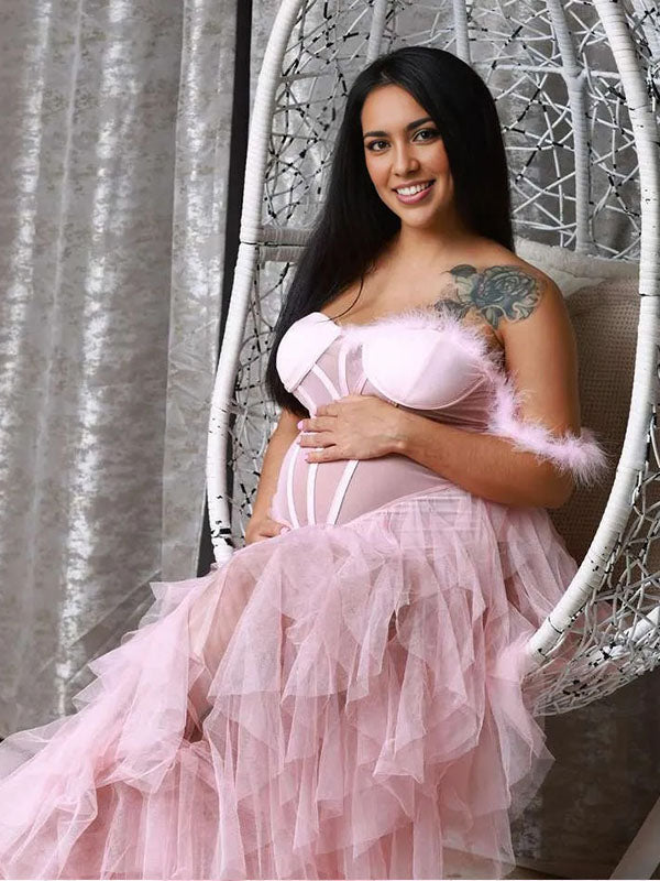 Escote palabra de honor Hombros descubiertos Pluma Tul Elegante Vestido Largo De Foto De Maternidad