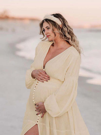 Vestido Maxi Maternidad Boho Elegante Botones Simples Abierto Para Fotos