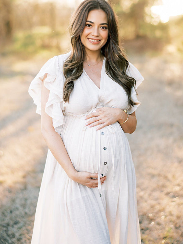 Blanco Cordón Un Solo Pecho Volantes Espalda Anudada Fotografía Maternidad Vestido Largo