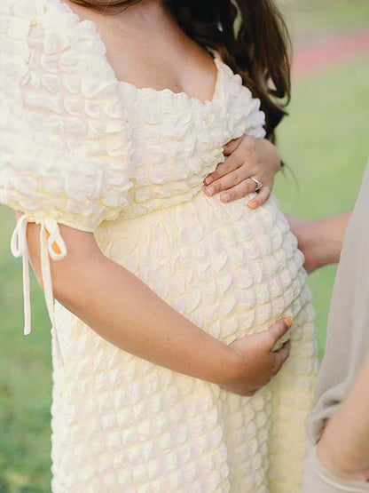 Vestido Maxi Maternidad Elegante con Fruncido y Manga Abullonada para Fiesta Fotos