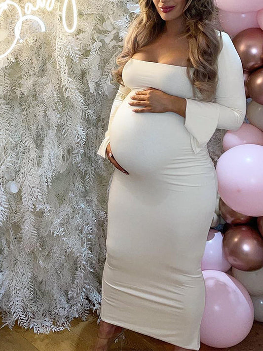 Blanco Elegante Manga Acampanad Cuello Cuadrado Ajustado Vestidos Para Baby Shower