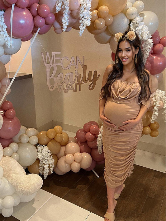 Caqui Acanalado Sin Hombros Amigable Con El Vientre Ajustado Para Baby Shower Maternidad Vestido Midi
