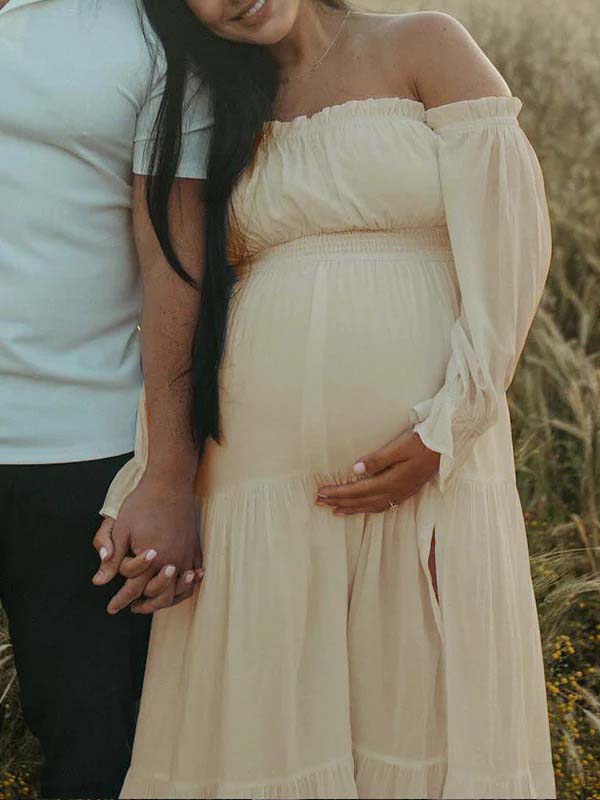 Fluido Sin Hombros Volantes Abertura Lateral Bohemio Elegante Fotografía Maternidad Vestido Largo
