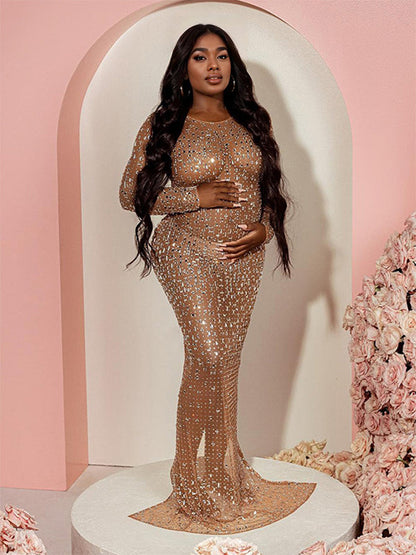 Sparkly Diamante Pedrería Malla Hendidura Sirena Sheer Fotografía Maternidad Vestido Largo