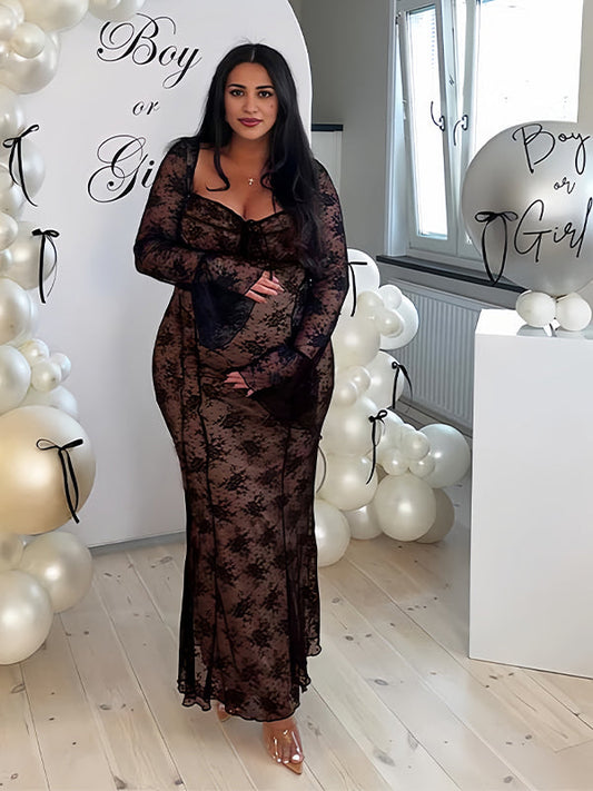 Vestido Largo De Maternidad Con Lazo De Encaje, Mangas Acampanadas Y Encaje Para Baby Shower
