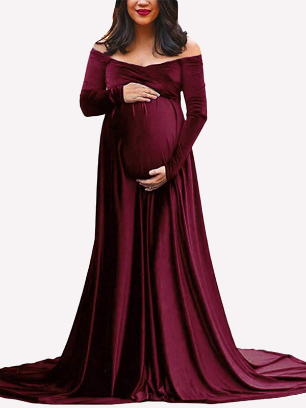 Vestido De Foto De Maternidad con Sin Hombros y Pleuche Sirena Elegante