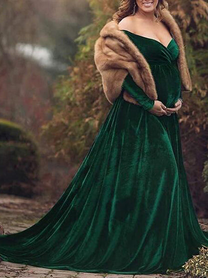 Vestido De Foto De Maternidad con Sin Hombros y Pleuche Sirena Elegante