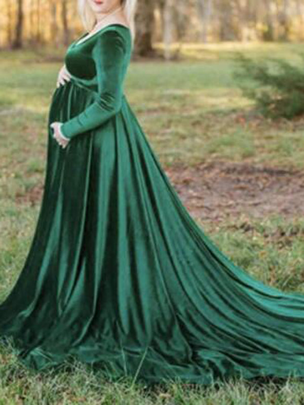 Vestido De Foto De Maternidad con Sin Hombros y Pleuche Sirena Elegante