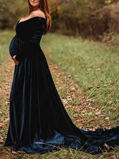 Vestido De Foto De Maternidad con Sin Hombros y Pleuche Sirena Elegante