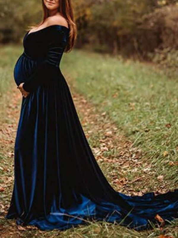 Vestido De Foto De Maternidad con Sin Hombros y Pleuche Sirena Elegante