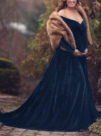 Vestido De Foto De Maternidad con Sin Hombros y Pleuche Sirena Elegante