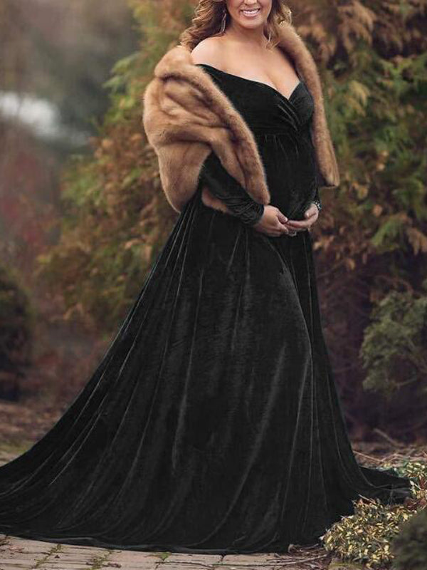 Vestido De Foto De Maternidad con Sin Hombros y Pleuche Sirena Elegante