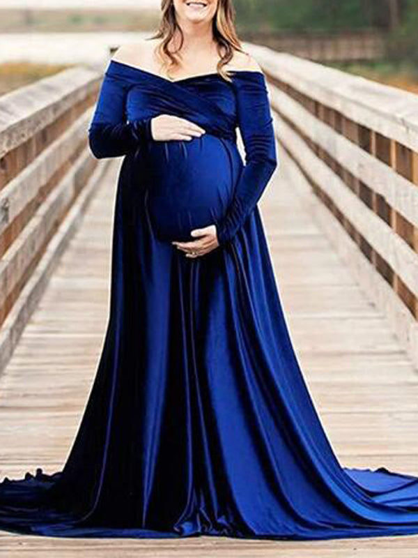 Vestido De Foto De Maternidad con Sin Hombros y Pleuche Sirena Elegante