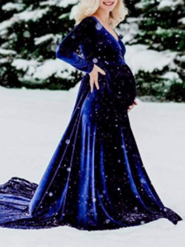 Vestido De Foto De Maternidad con Sin Hombros y Pleuche Sirena Elegante