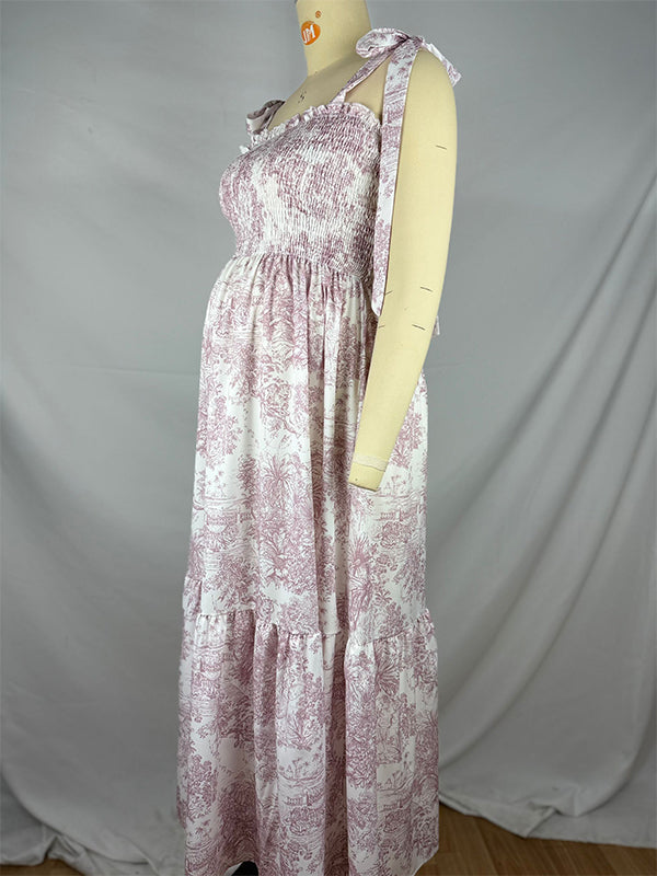 Vestido Maxi de Maternidad en Estampado Floral con Lazo Estilo Bohemio para Sesión de Fotos y Baby Shower