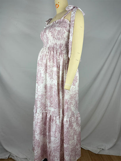 Vestido Maxi de Maternidad en Estampado Floral con Lazo Estilo Bohemio para Sesión de Fotos y Baby Shower