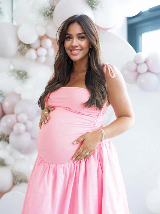 Color Sólido Acanalado Anudado Correa Ajustable Bolsillos Big Swing Para Baby Shower Maternidad Vestido Largo