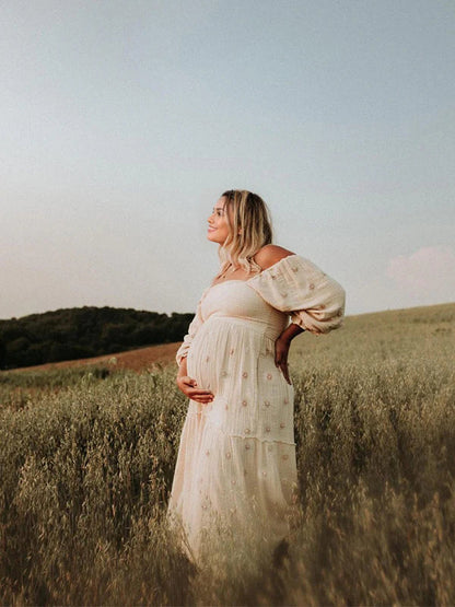 Albaricoque Estampado De Margaritas Fruncido Hombros Descubiertos Volantes Falda Amplia Elegante Vestidos De Foto De Maternidad