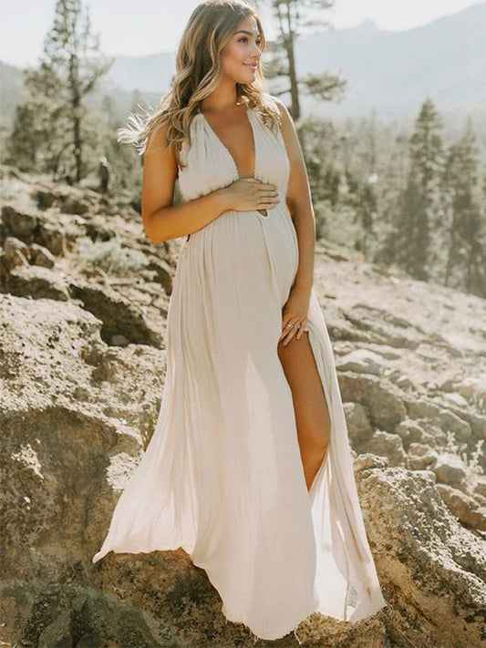 Albaricoque Calado Cuello En V Abertura Espalda Descubierta Borla Escote Halter Vestidos Largo De Foto De Maternidad