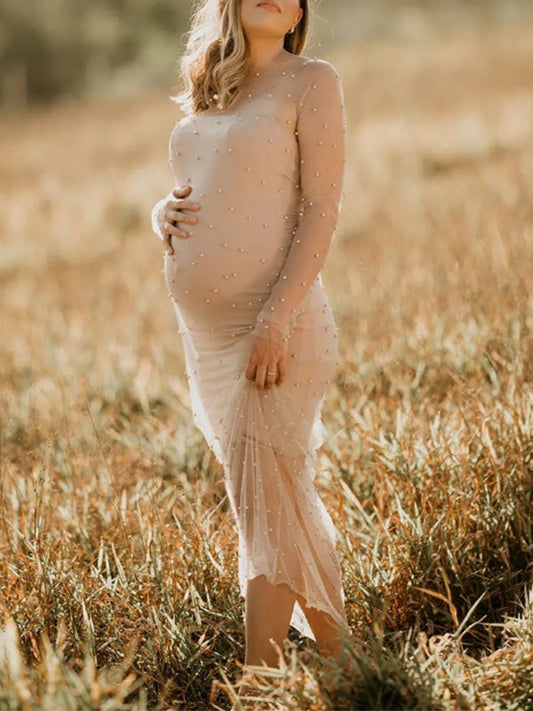 Vestido Largo Premamá de Malla con Abalorios, Perlas y Pedrería para Foto